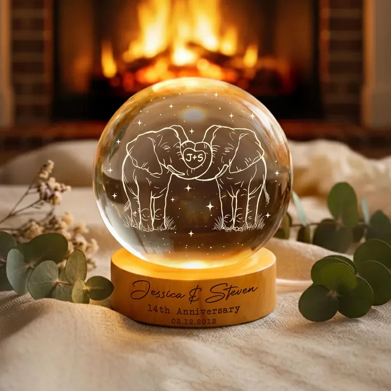 14th Ivory Wedding Anniversary Crystal Ball Night Light – Custom Couples Gift