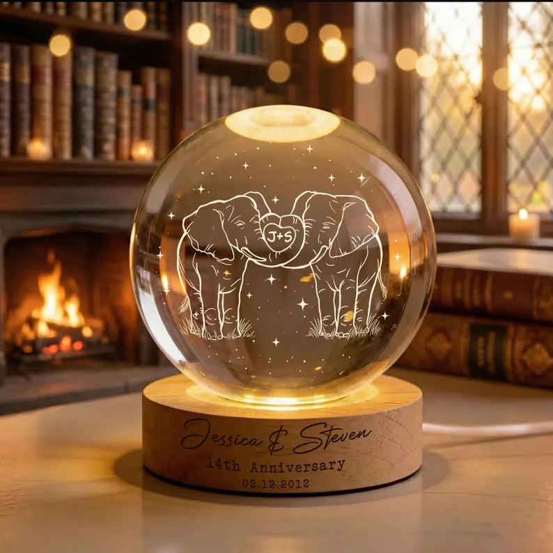 14th Ivory Wedding Anniversary Crystal Ball Night Light – Custom Couples Gift