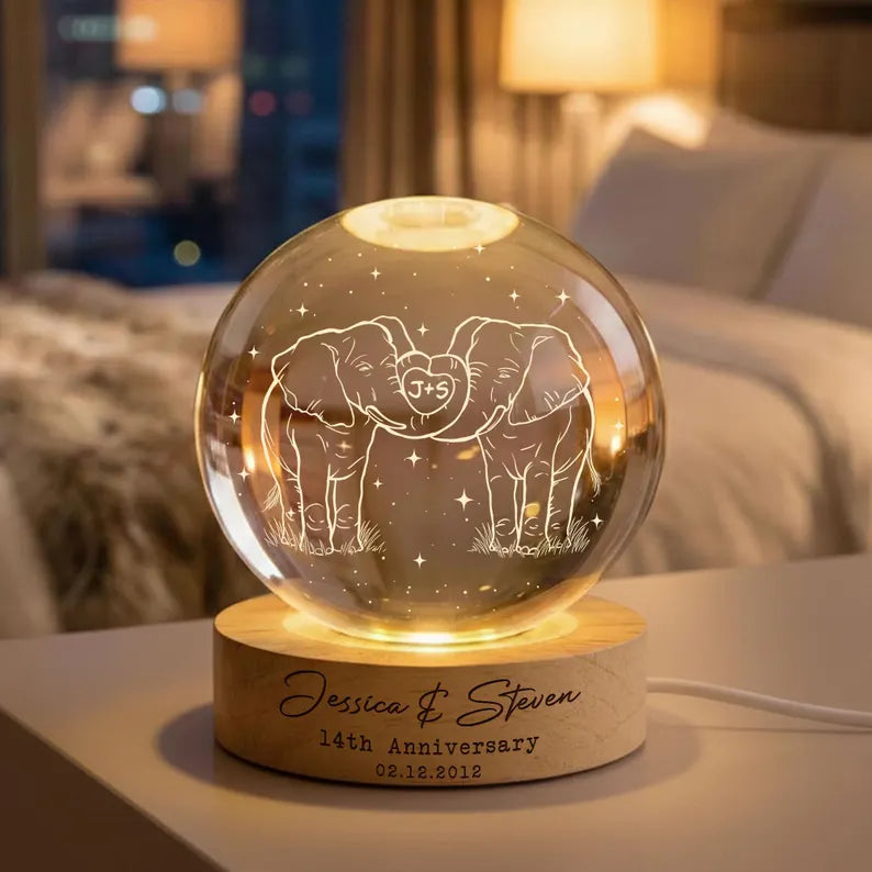 14th Ivory Wedding Anniversary Crystal Ball Night Light – Custom Couples Gift