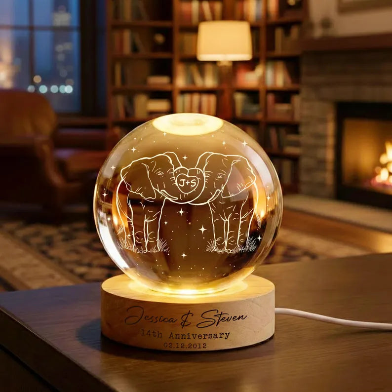 14th Ivory Wedding Anniversary Crystal Ball Night Light – Custom Couples Gift