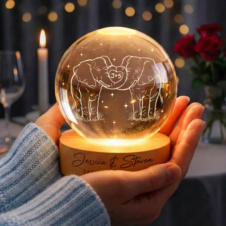 14th Ivory Wedding Anniversary Crystal Ball Night Light – Custom Couples Gift