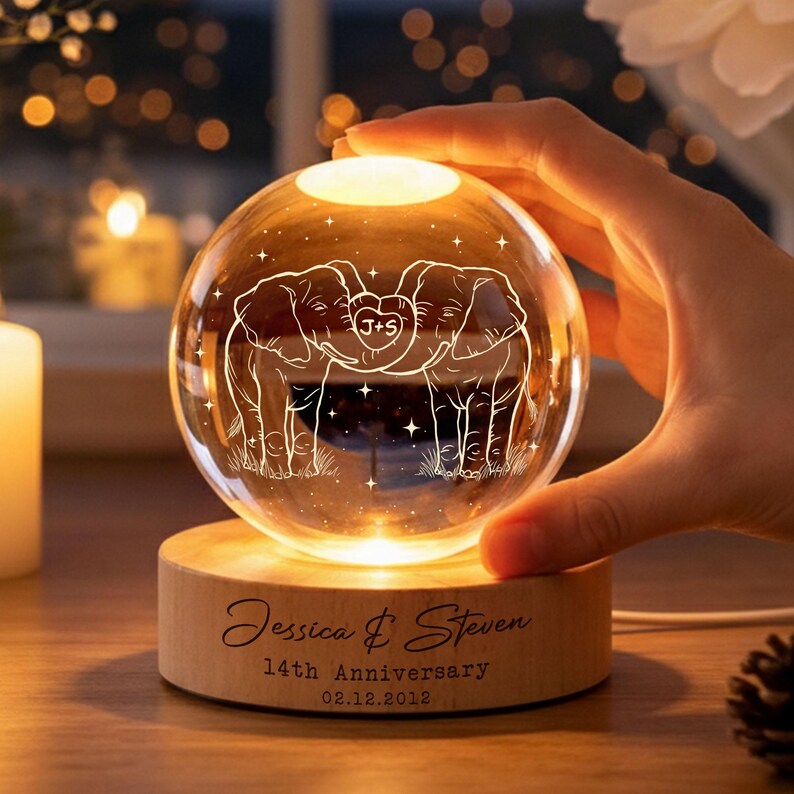 14th Ivory Wedding Anniversary Crystal Ball Night Light – Custom Couples Gift