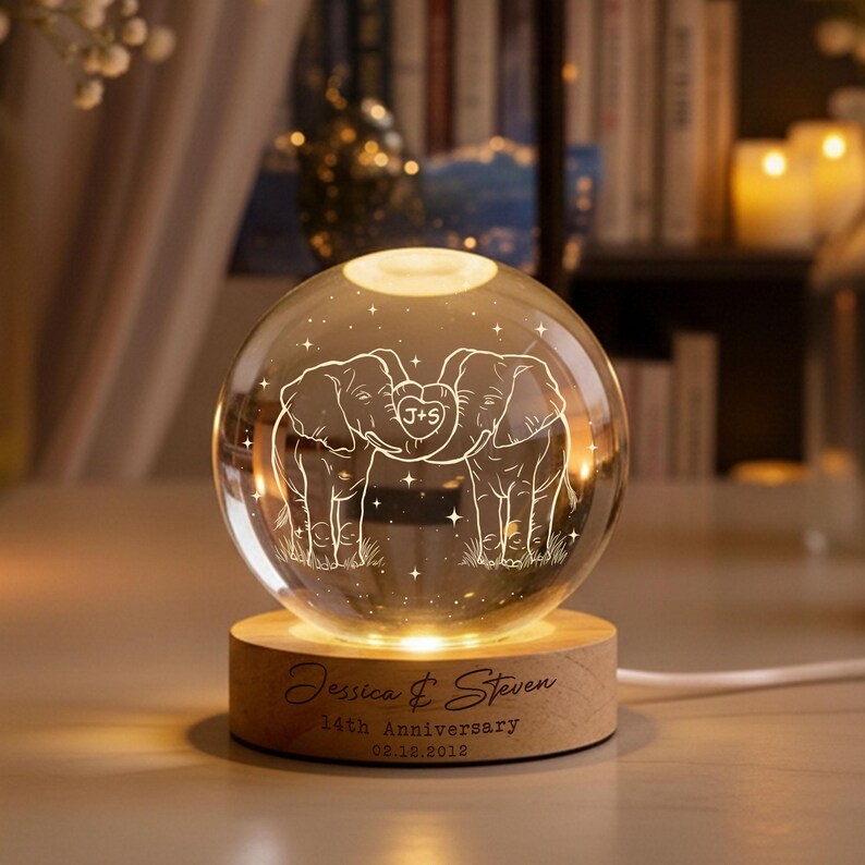 14th Ivory Wedding Anniversary Crystal Ball Night Light – Custom Couples Gift