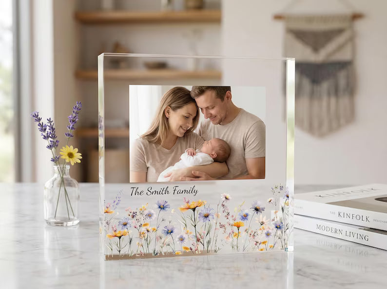 Personalized Acrylic Photo Plaque – Custom Wildflower Floral Frame Keepsake