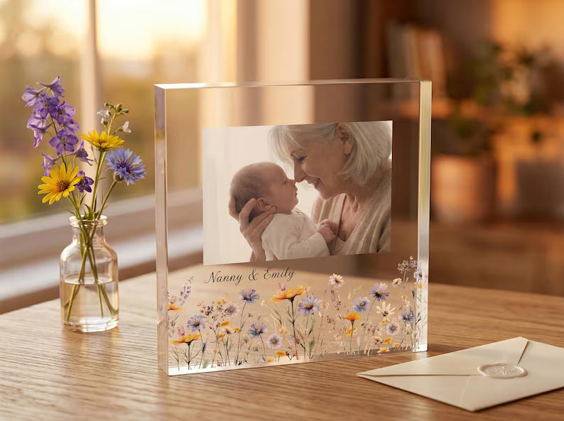 Personalized Acrylic Photo Plaque – Custom Wildflower Floral Frame Keepsake