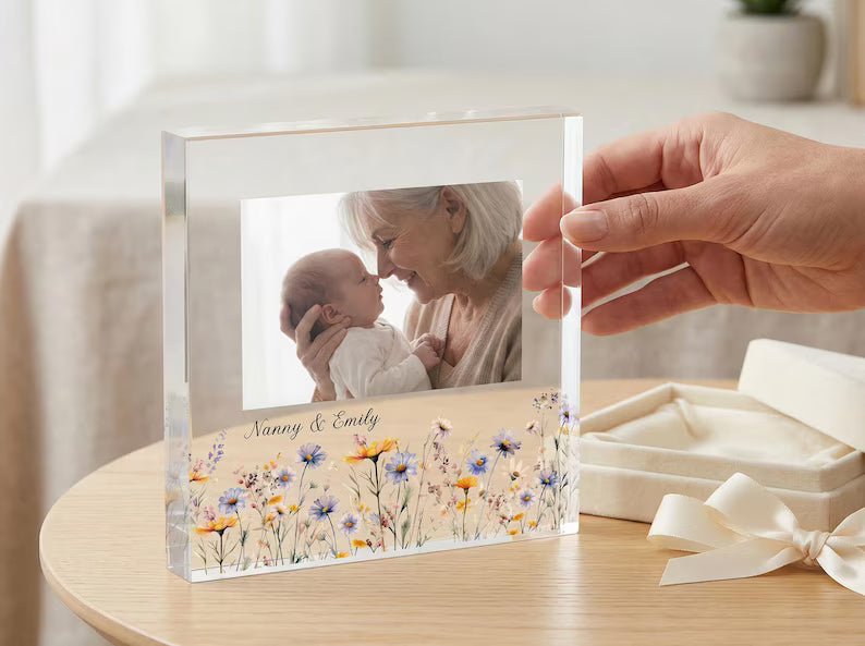 Personalized Acrylic Photo Plaque – Custom Wildflower Floral Frame Keepsake