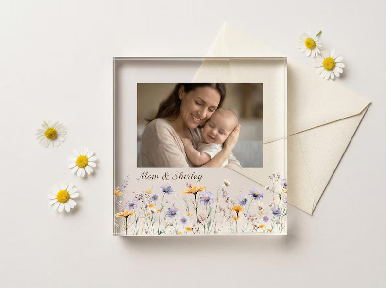 Personalized Acrylic Photo Plaque – Custom Wildflower Floral Frame Keepsake