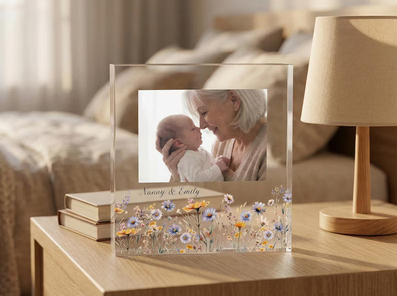 Personalized Acrylic Photo Plaque – Custom Wildflower Floral Frame Keepsake