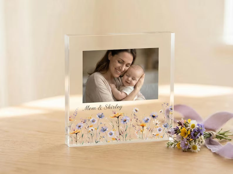 Personalized Acrylic Photo Plaque – Custom Wildflower Floral Frame Keepsake