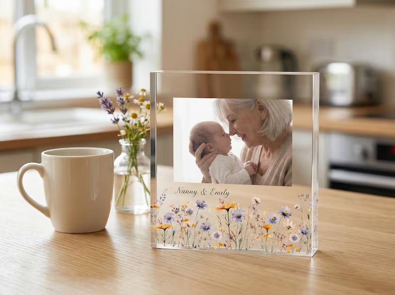 Personalized Acrylic Photo Plaque – Custom Wildflower Floral Frame Keepsake