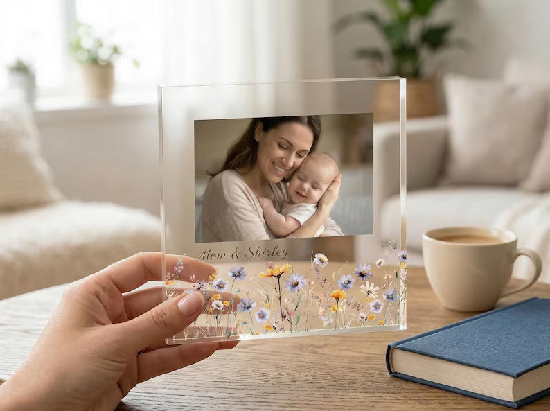 Personalized Acrylic Photo Plaque – Custom Wildflower Floral Frame Keepsake