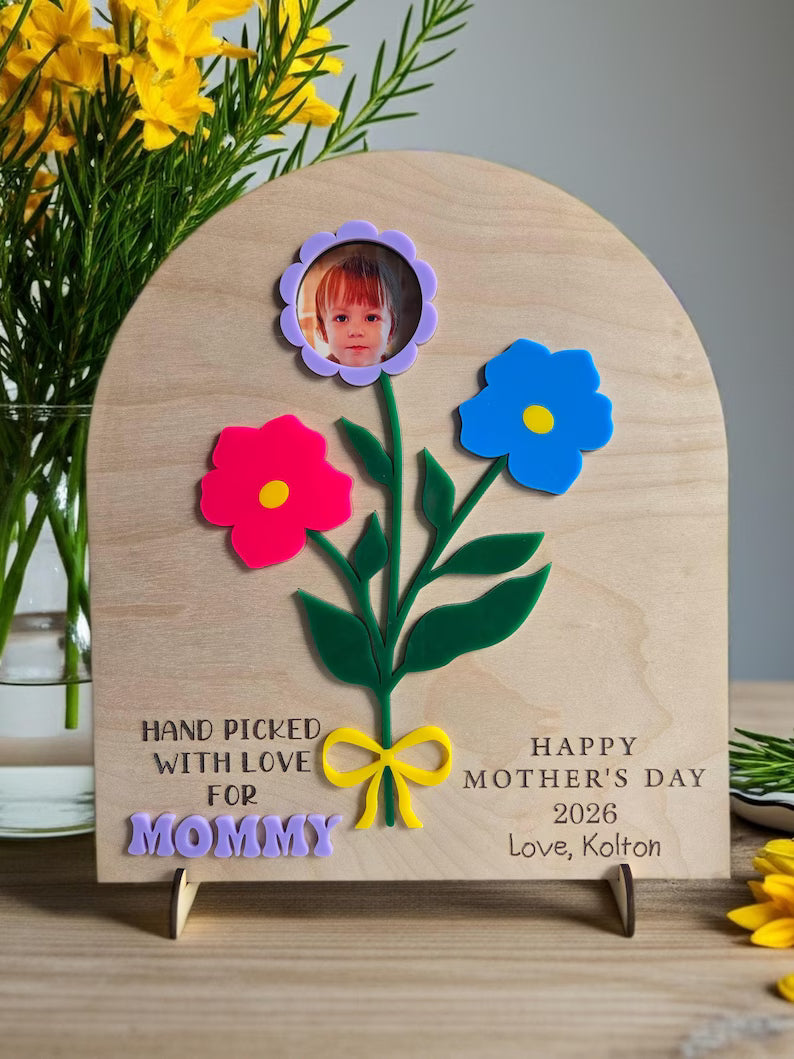 Personalized Flower Photo Sign, Mother's Day Keepsake, Wood Acrylic Art