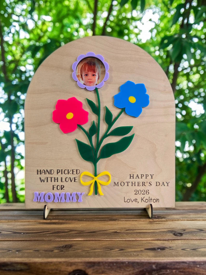 Personalized Flower Photo Sign, Mother's Day Keepsake, Wood Acrylic Art