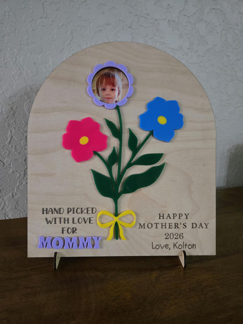Personalized Flower Photo Sign, Mother's Day Keepsake, Wood Acrylic Art