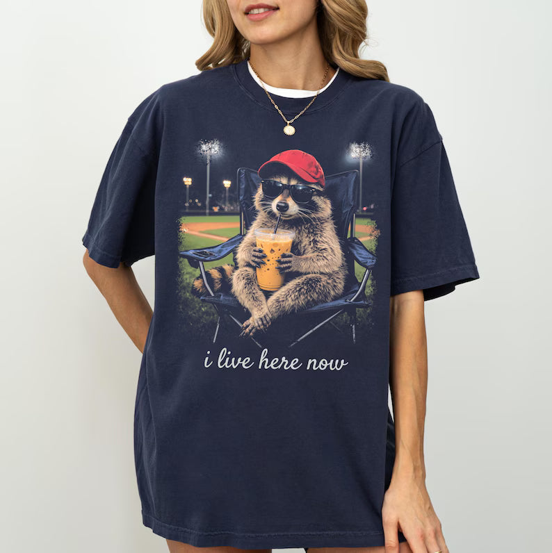 Raccoon I Live Here Now Shirt -  Raccoon Drinking Iced Coffee Shirt
