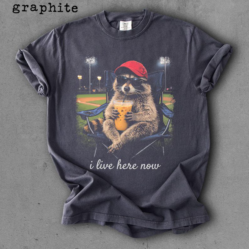 Raccoon I Live Here Now Shirt -  Raccoon Drinking Iced Coffee Shirt