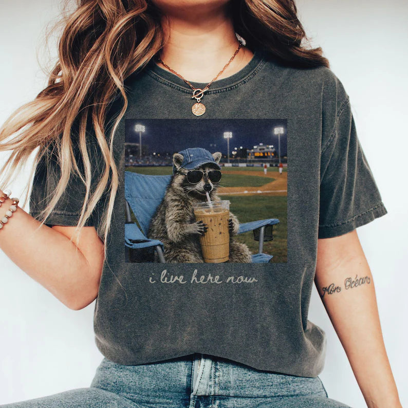 Raccoon I Live Here Now Shirt – Funny Game Day Softball & Baseball Mom Tee