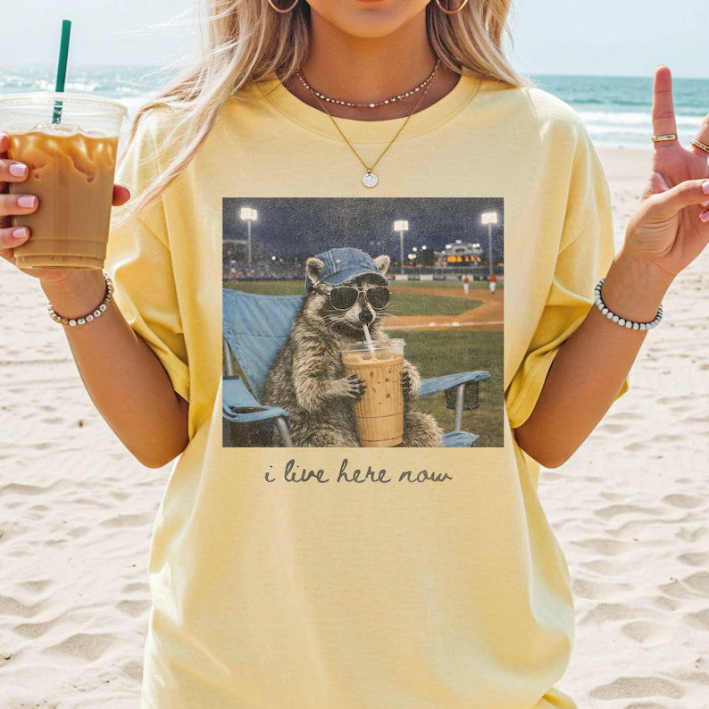 Raccoon I Live Here Now Shirt – Funny Game Day Softball & Baseball Mom Tee