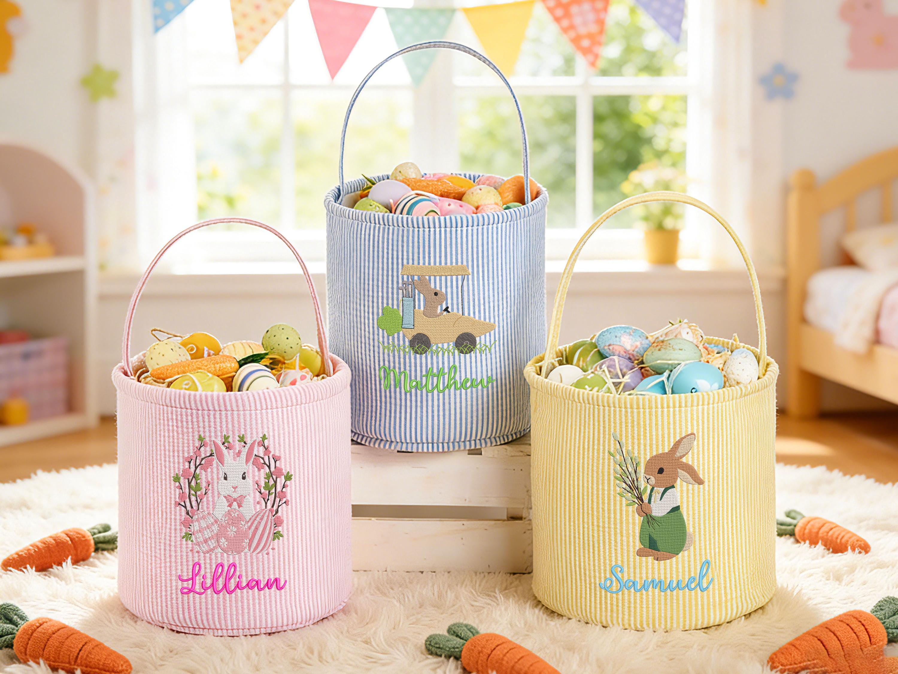 Personalized Seersucker Easter Basket, Embroidered Name, Kids Egg Hunt
