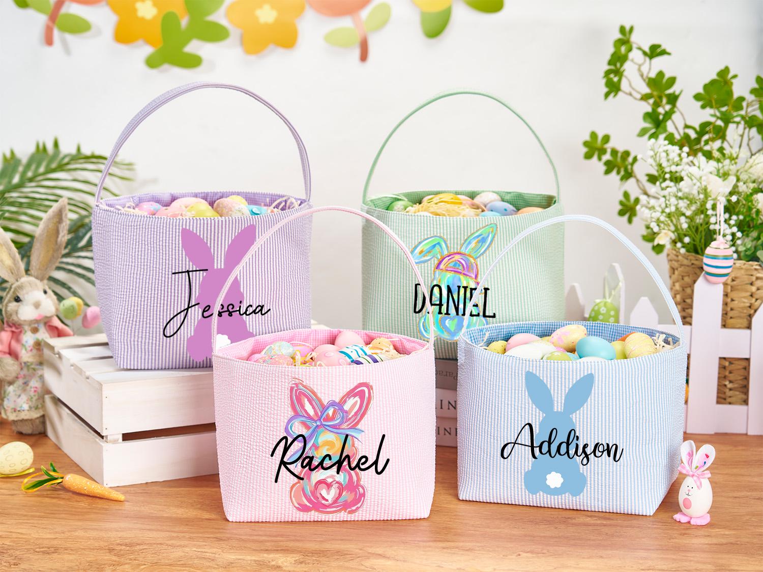 Personalized Monogrammed Seersucker Easter Basket – Custom Bunny Tote