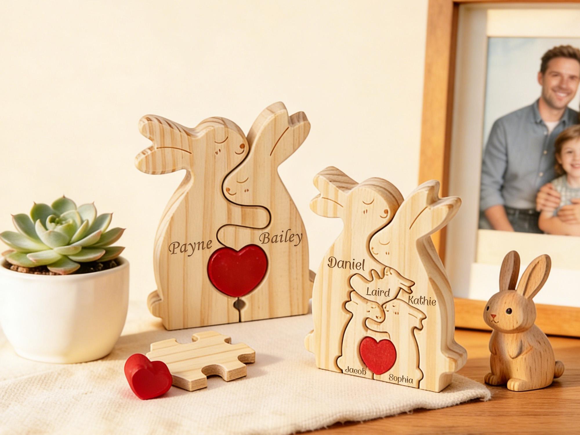 Personalized Wooden Rabbit Family Puzzle – Engraved Name Home Decor