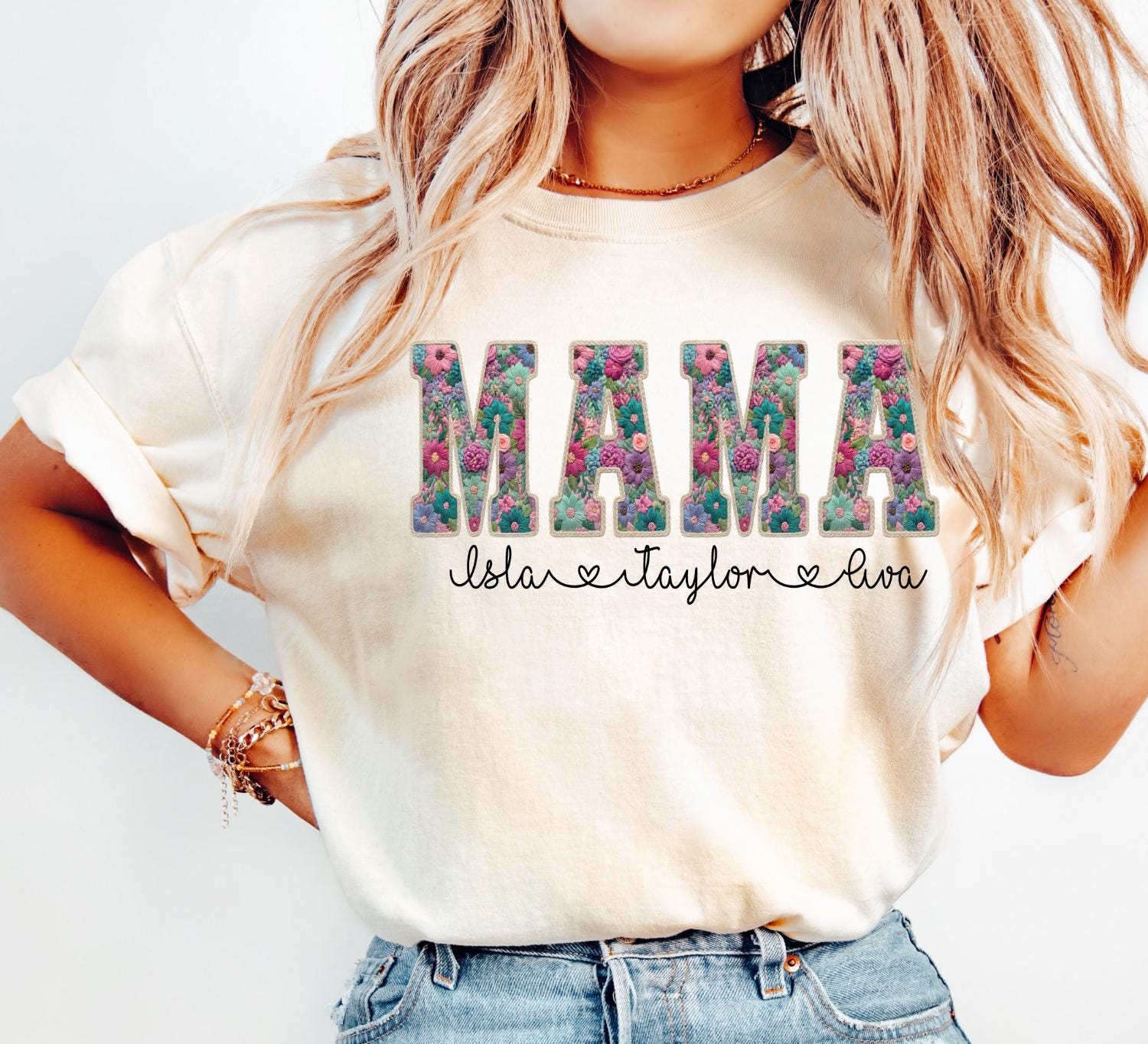 Personalized Mama Shirt – Faux Embroidery Kids Names Tee