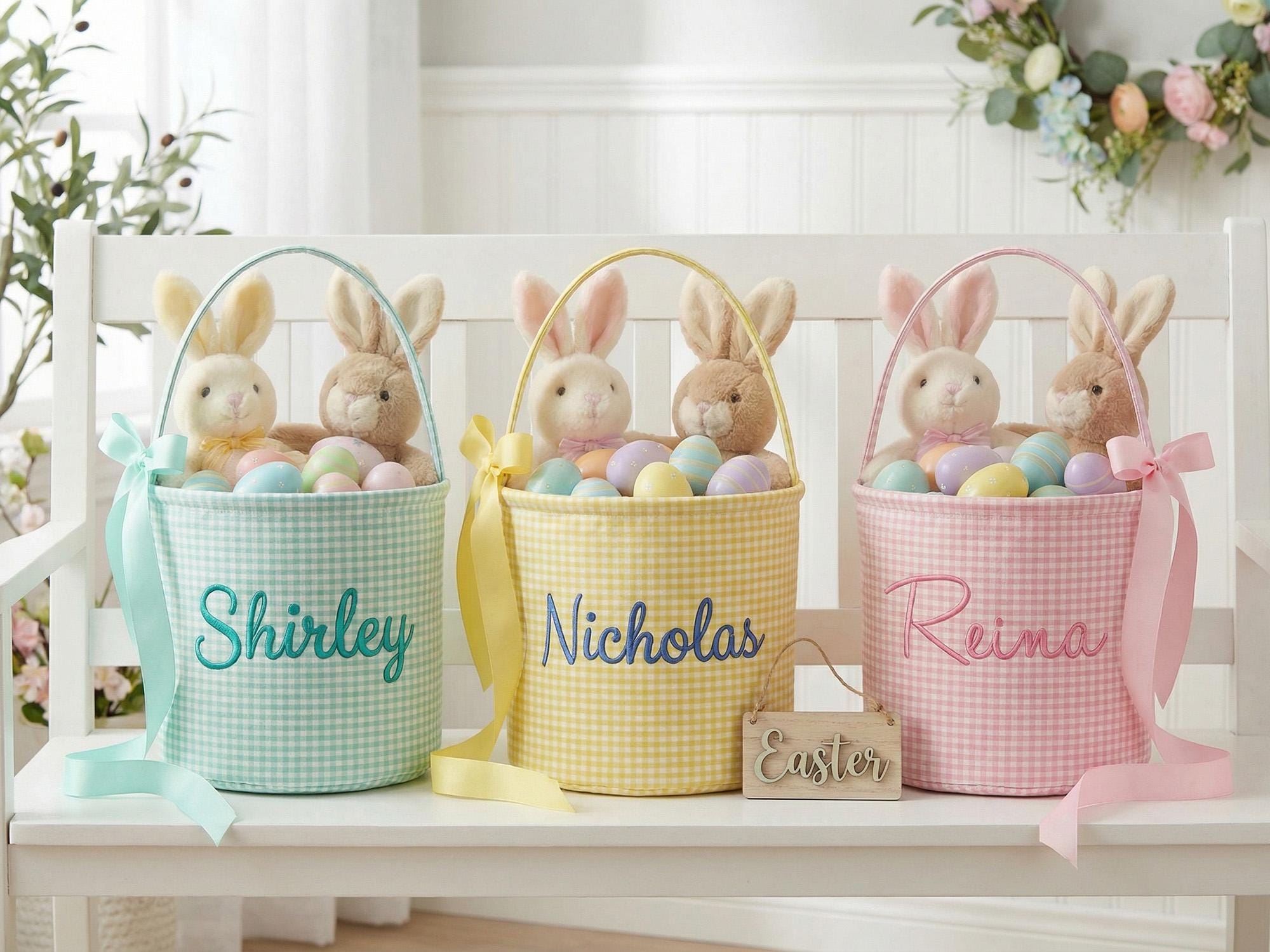 Custom Name Easter Basket – Embroidered Seersucker Kids Egg Hunt Tote