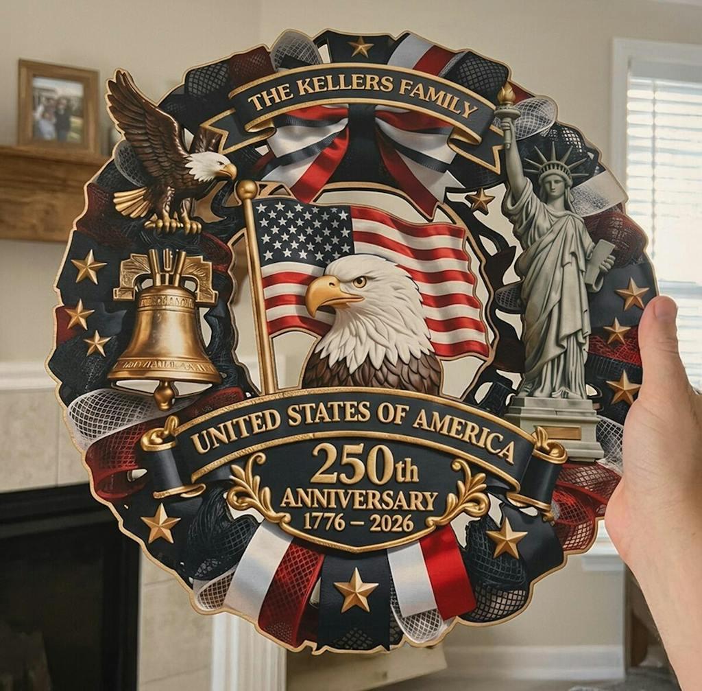 Personalized America 250th Wood Wreath, Patriotic Door Sign