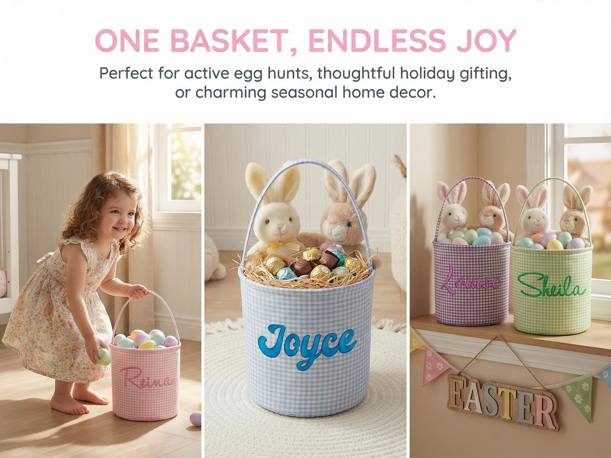 Custom Name Easter Basket – Embroidered Seersucker Kids Egg Hunt Tote