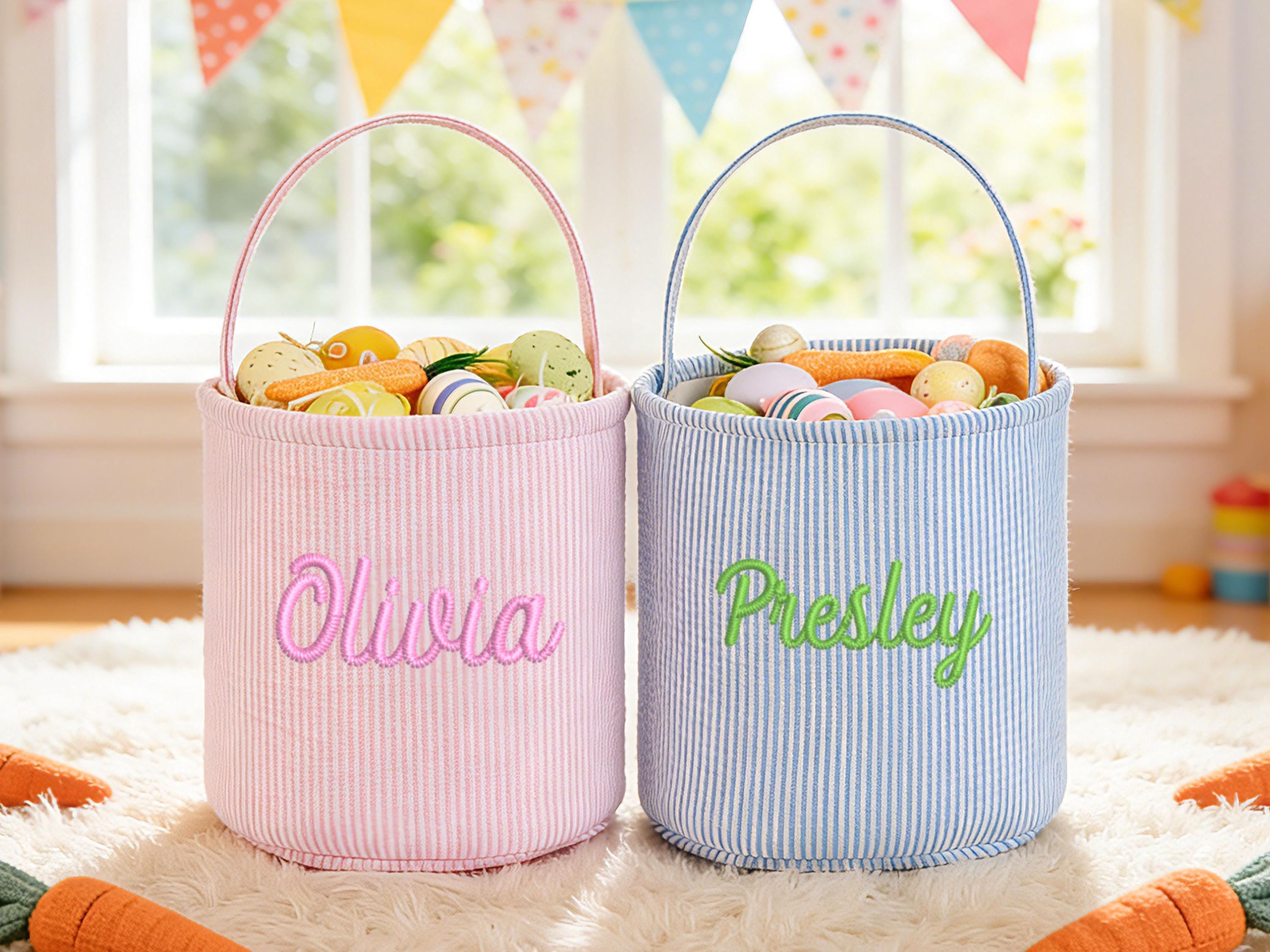 Personalized Seersucker Easter Basket, Embroidered Name, Kids Egg Hunt
