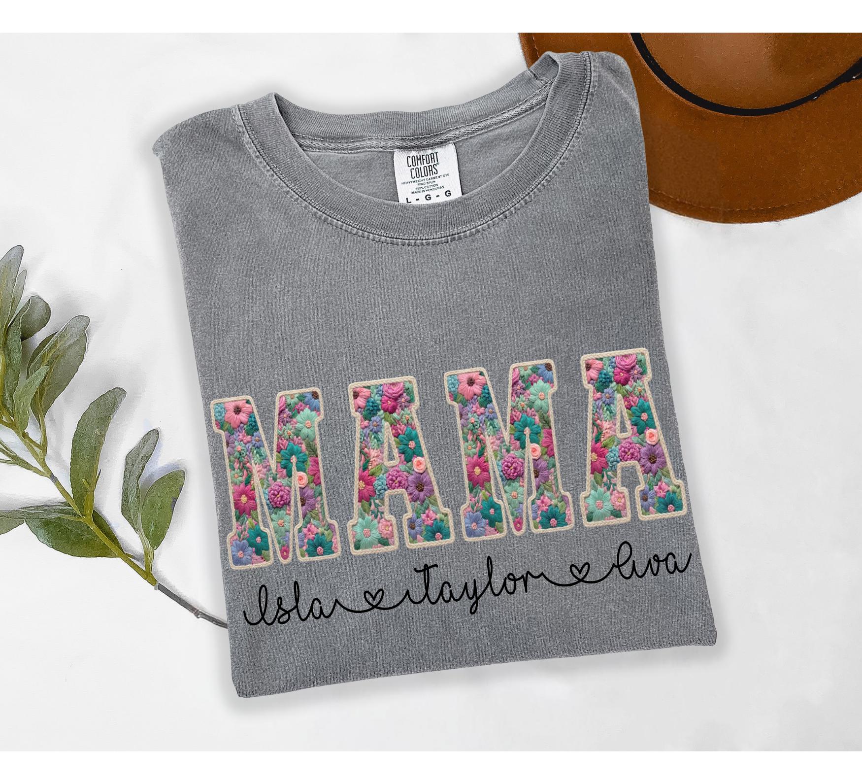 Personalized Mama Shirt – Faux Embroidery Kids Names Tee