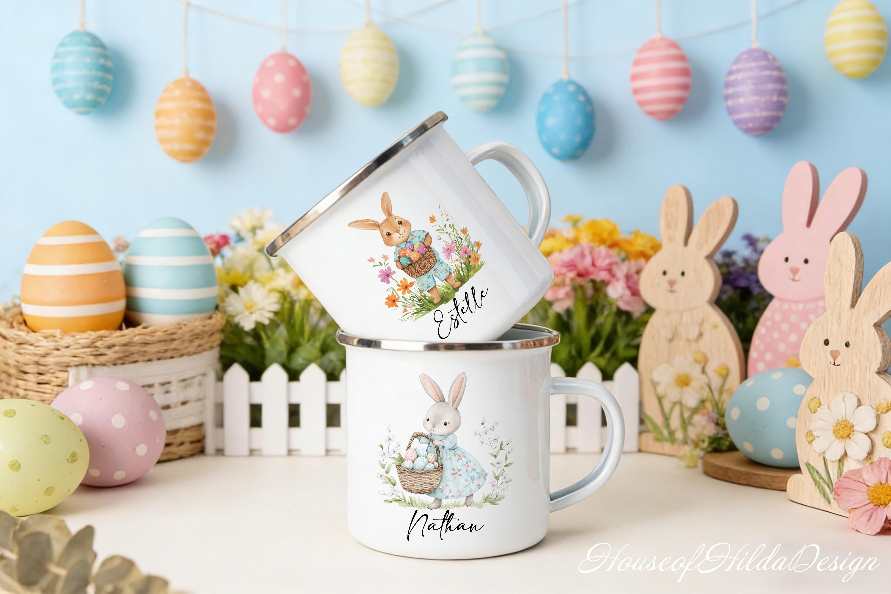 Personalized Kids Easter Enamel Mug – Bunny Rabbit Cup with Name