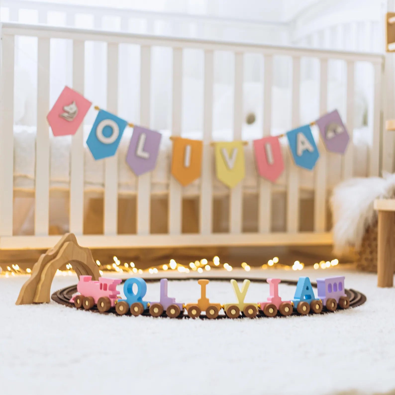 Personalized Train Name With Magnets First Birthday Gift Baby Toys Wooden Train With Railway Fidget Toys For Kids Nursery Decor