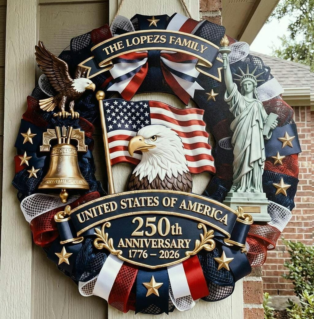 Personalized America 250th Wood Wreath, Patriotic Door Sign