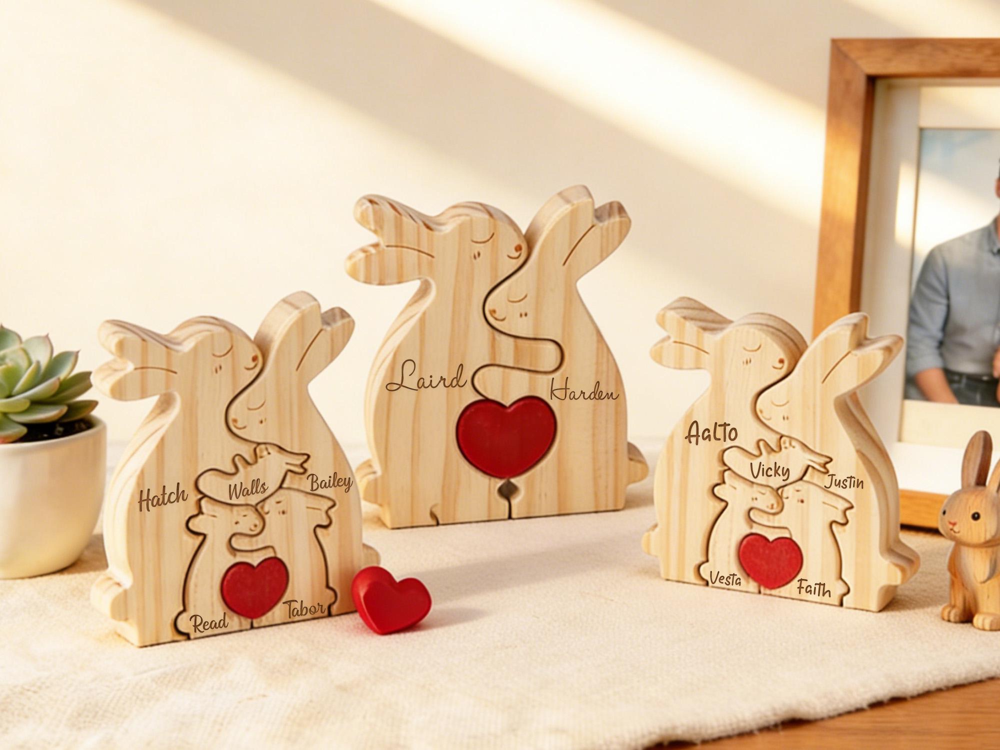 Personalized Wooden Rabbit Family Puzzle – Engraved Name Home Decor