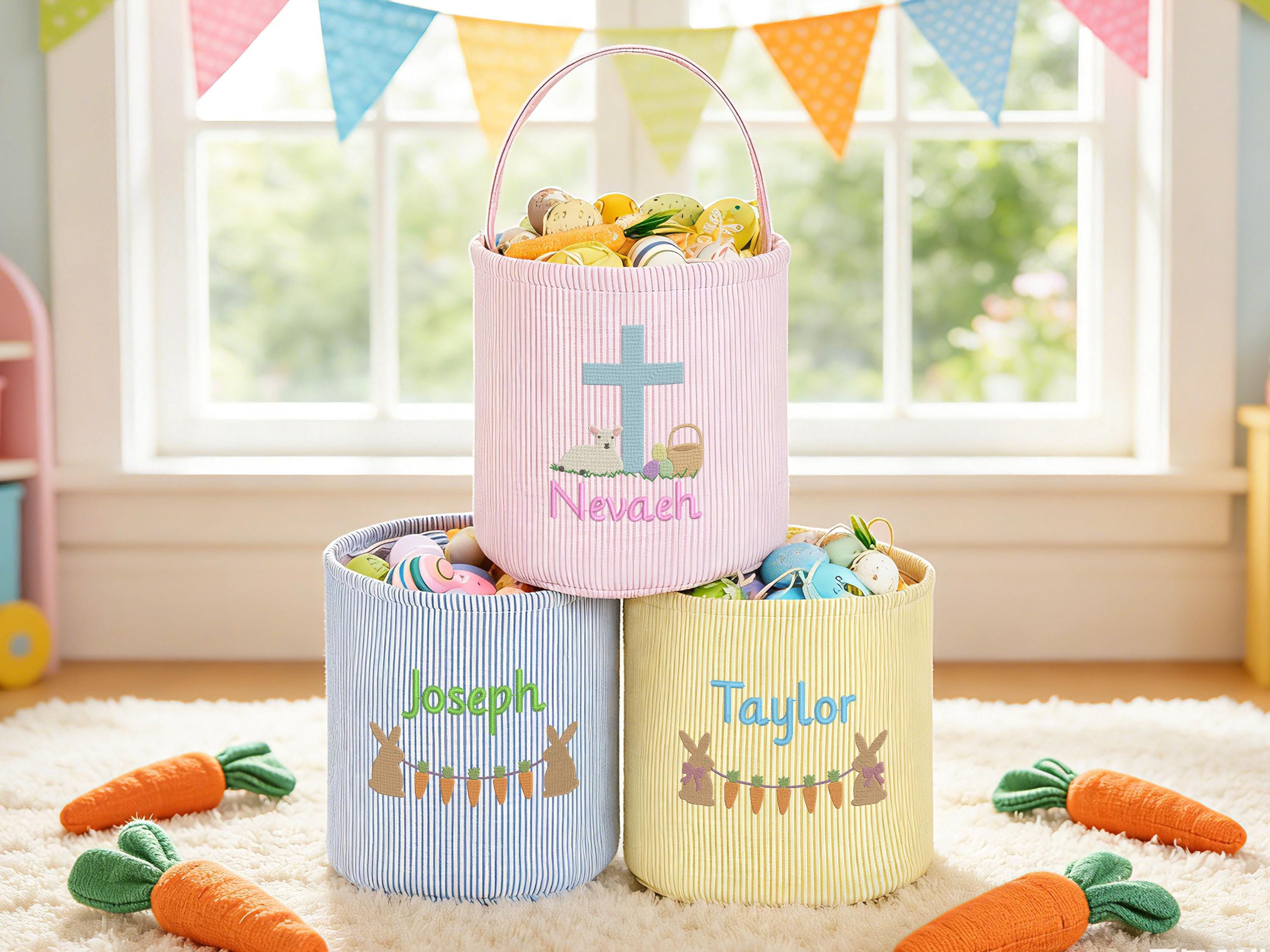 Personalized Seersucker Easter Basket, Embroidered Name, Kids Egg Hunt