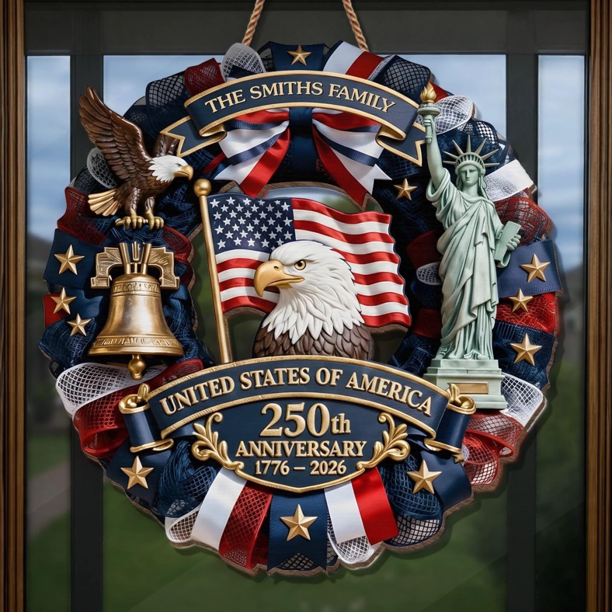 Personalized America 250th Wood Wreath, Patriotic Door Sign