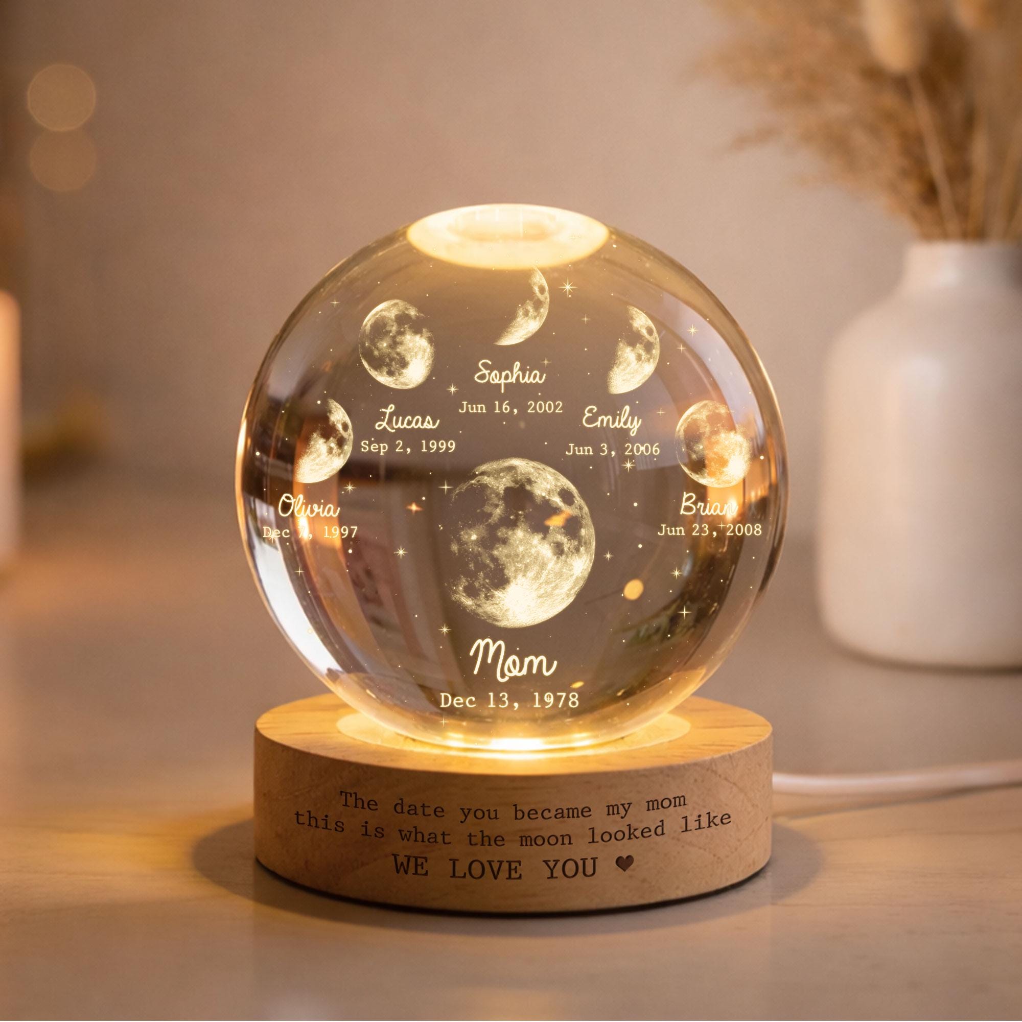Personalized Moon Phase Crystal Ball LED Night Light – Mother's Day Gift