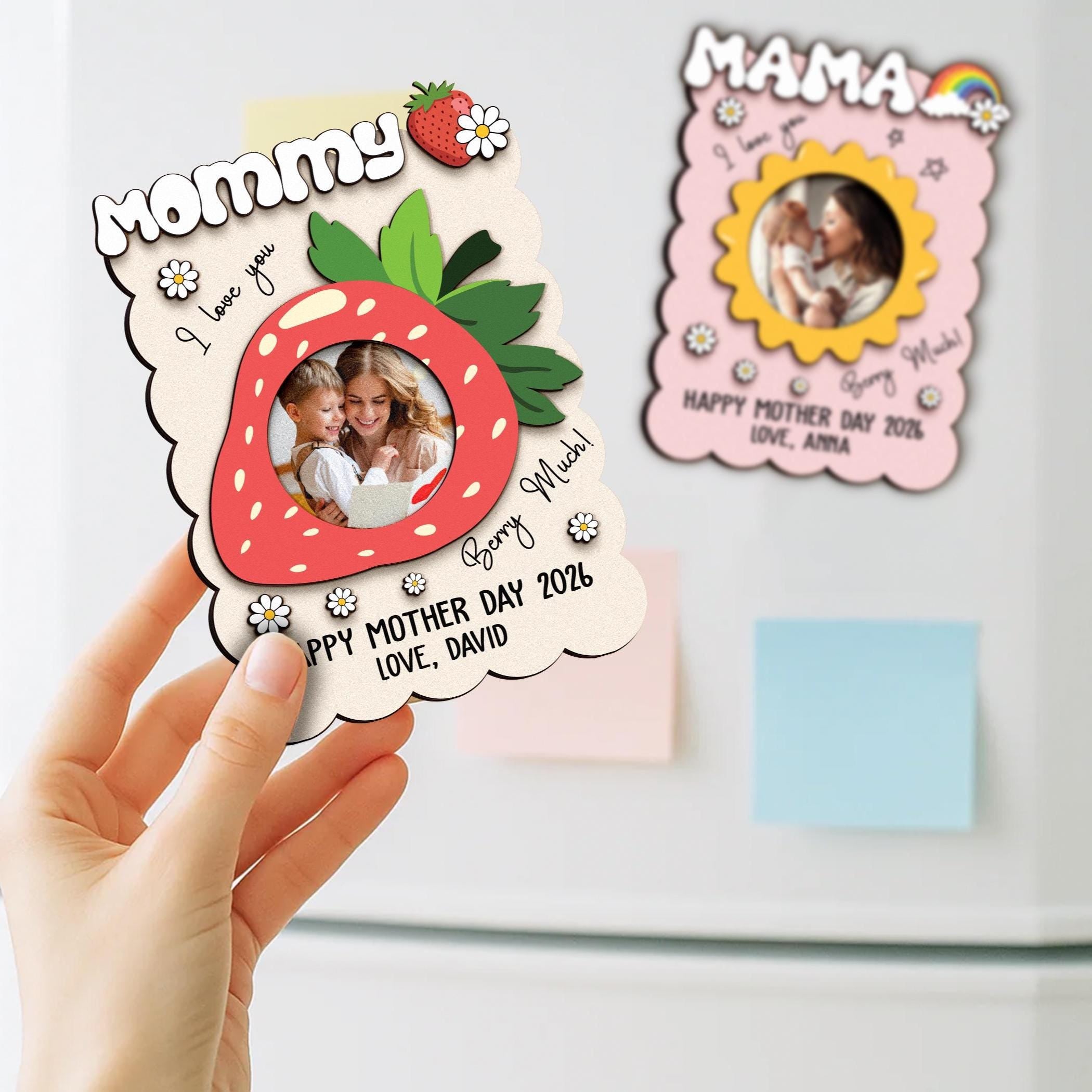Personalized Wooden Photo Frame Plaque – Custom Strawberry-Themed Gift for Mom, Nana, or Grandma