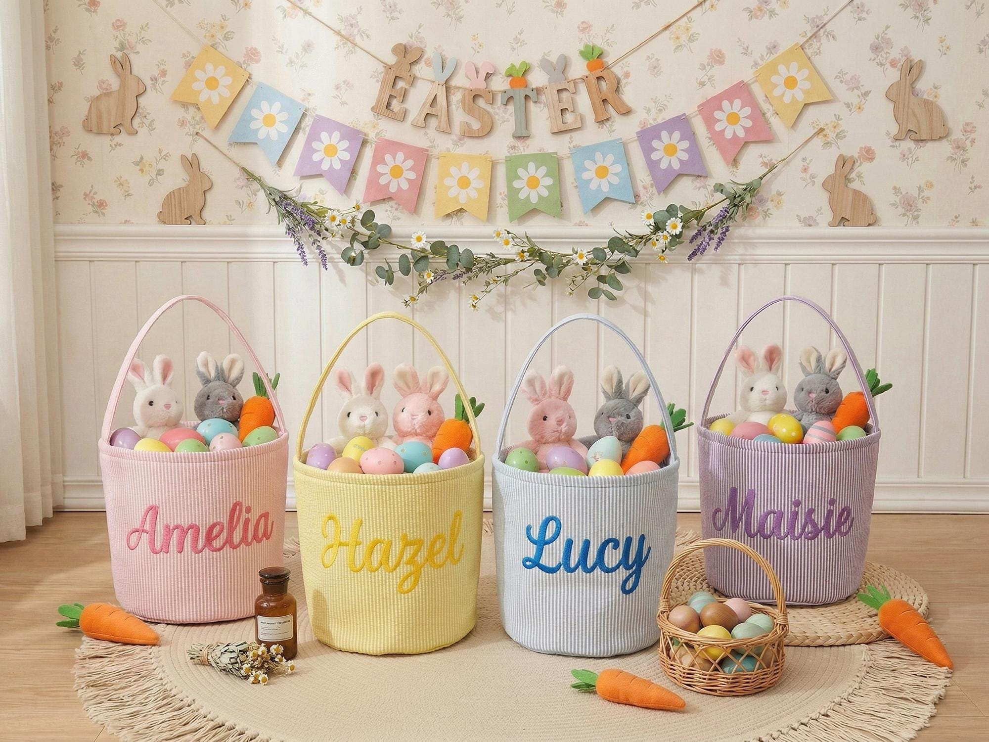 Personalized Embroidered Easter Basket – Custom Seersucker Bunny Bag