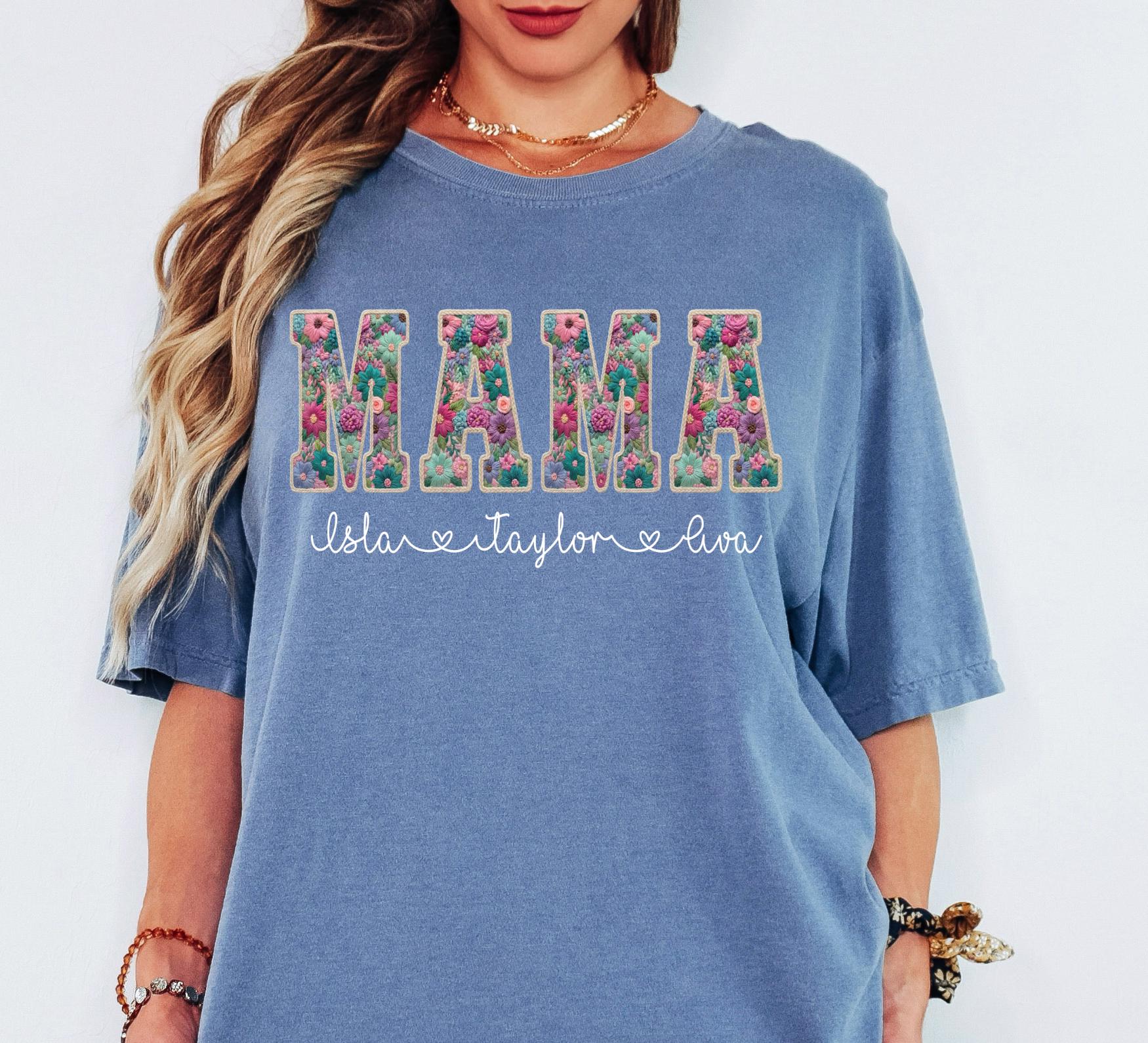 Personalized Mama Shirt – Faux Embroidery Kids Names Tee
