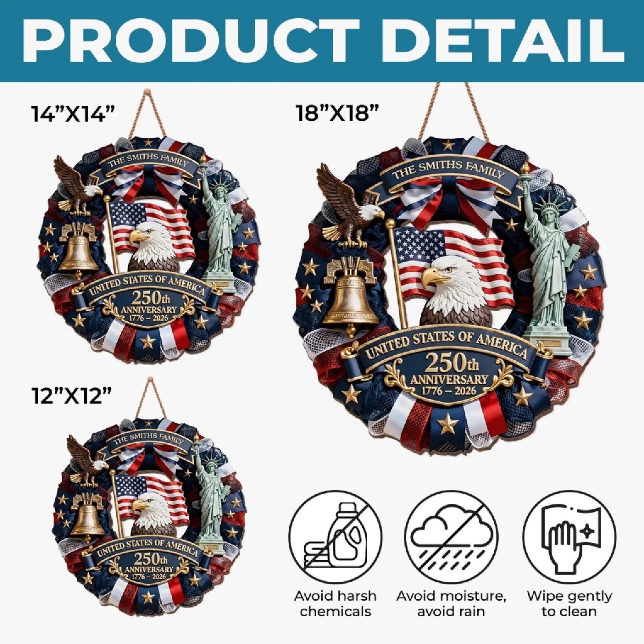 Personalized America 250th Wood Wreath, Patriotic Door Sign