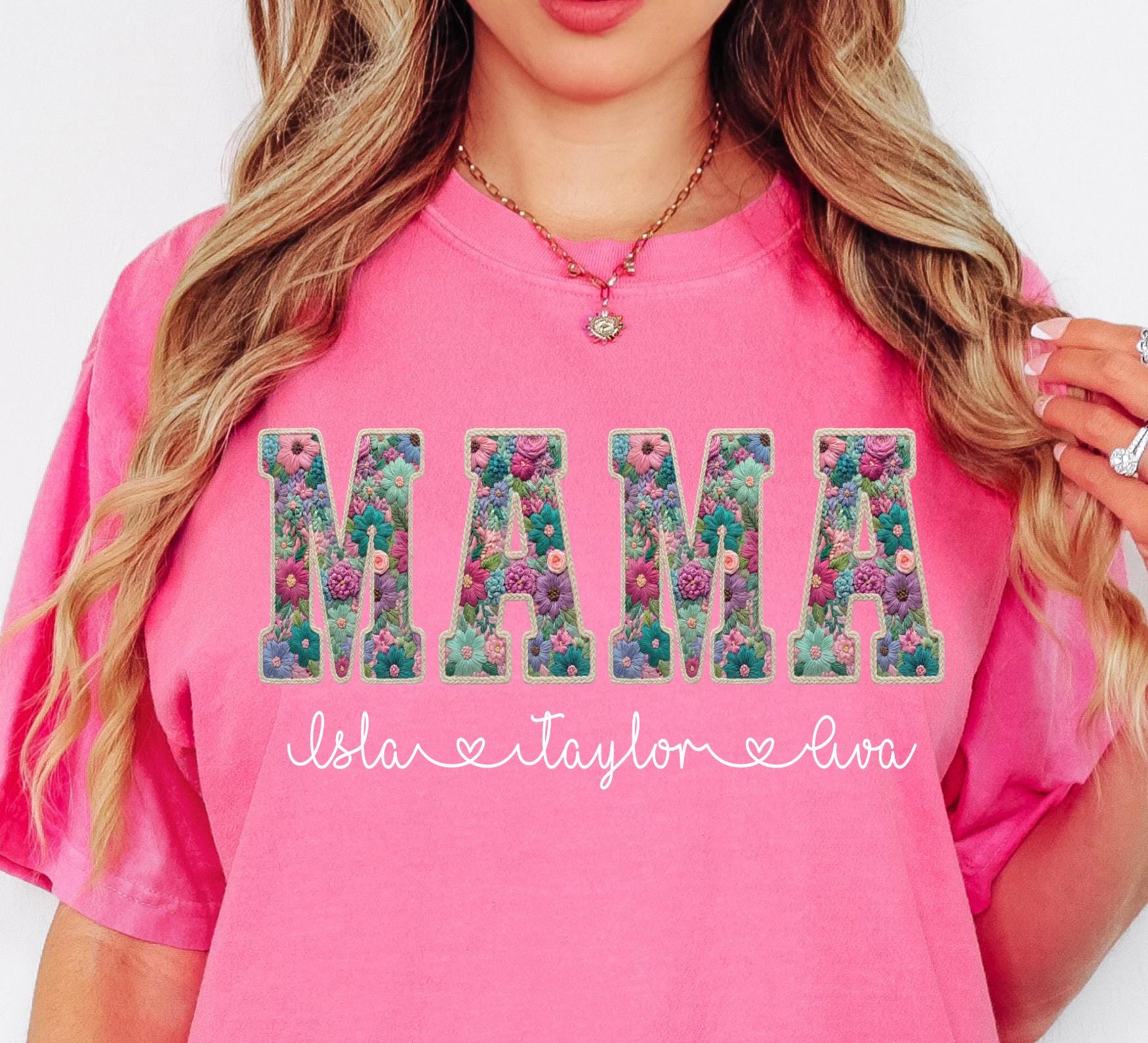 Personalized Mama Shirt – Faux Embroidery Kids Names Tee