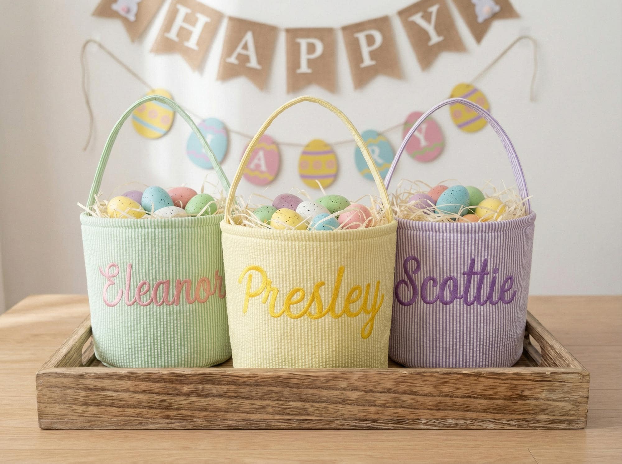 Personalized Embroidered Easter Basket – Custom Seersucker Bunny Bag