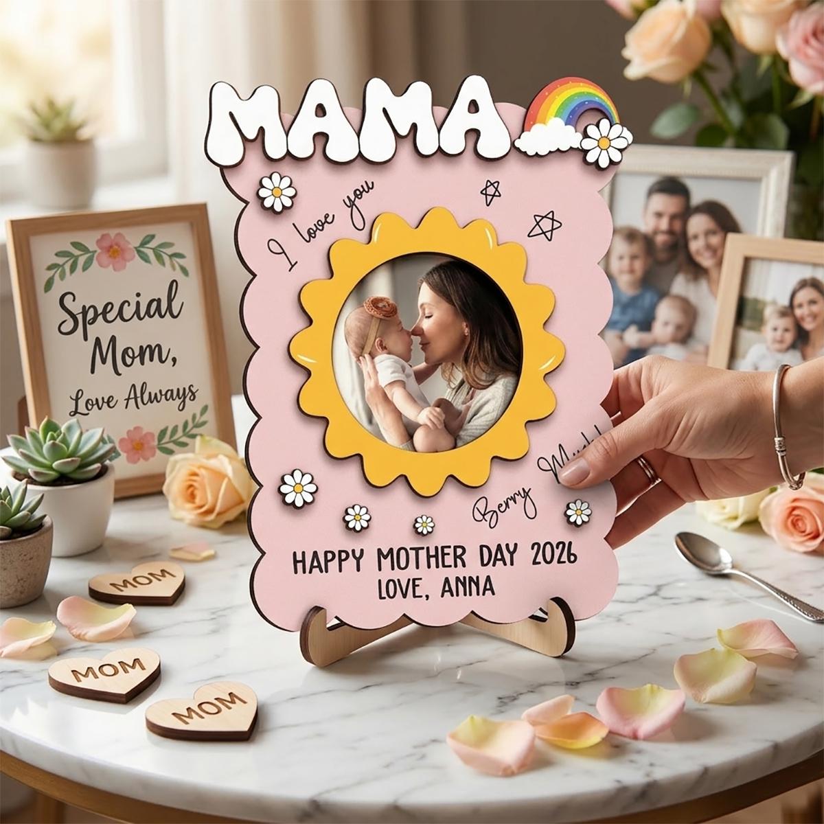 Personalized Wooden Photo Frame Plaque – Custom Strawberry-Themed Gift for Mom, Nana, or Grandma