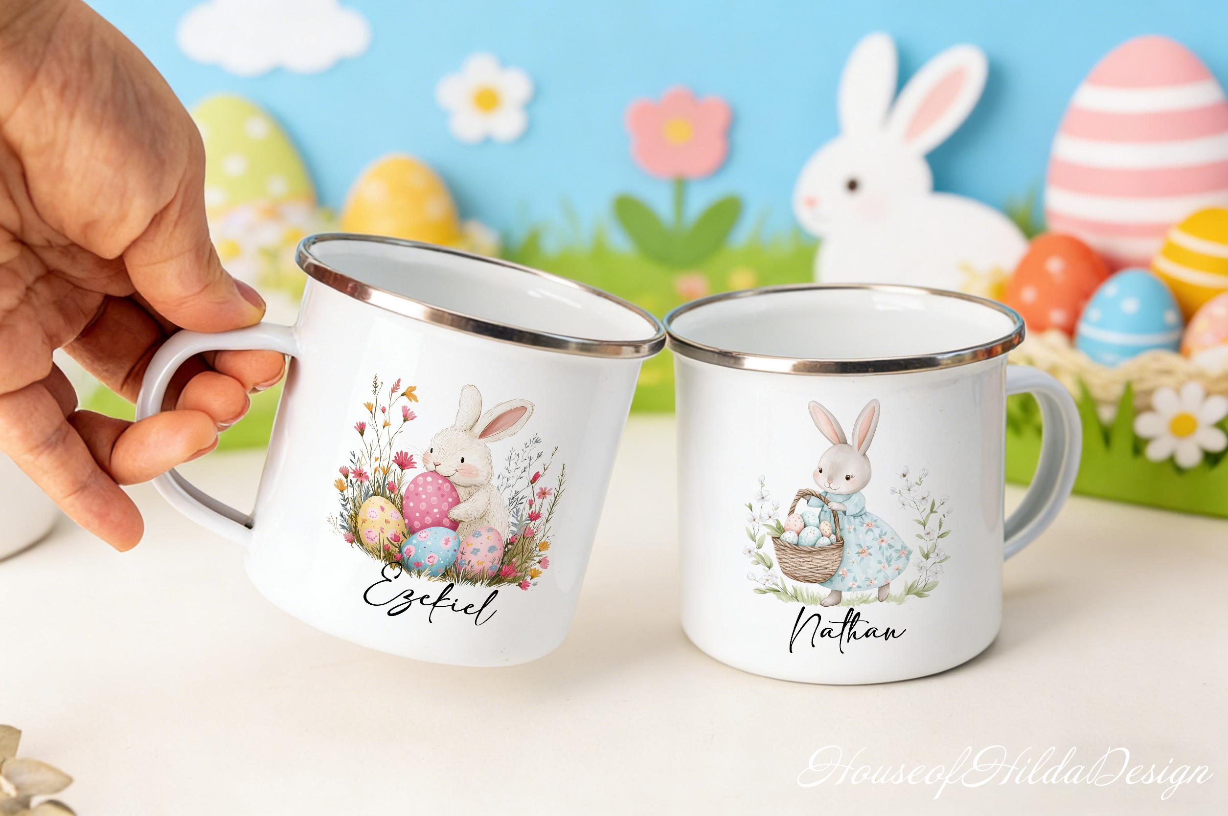 Personalized Kids Easter Enamel Mug – Bunny Rabbit Cup with Name