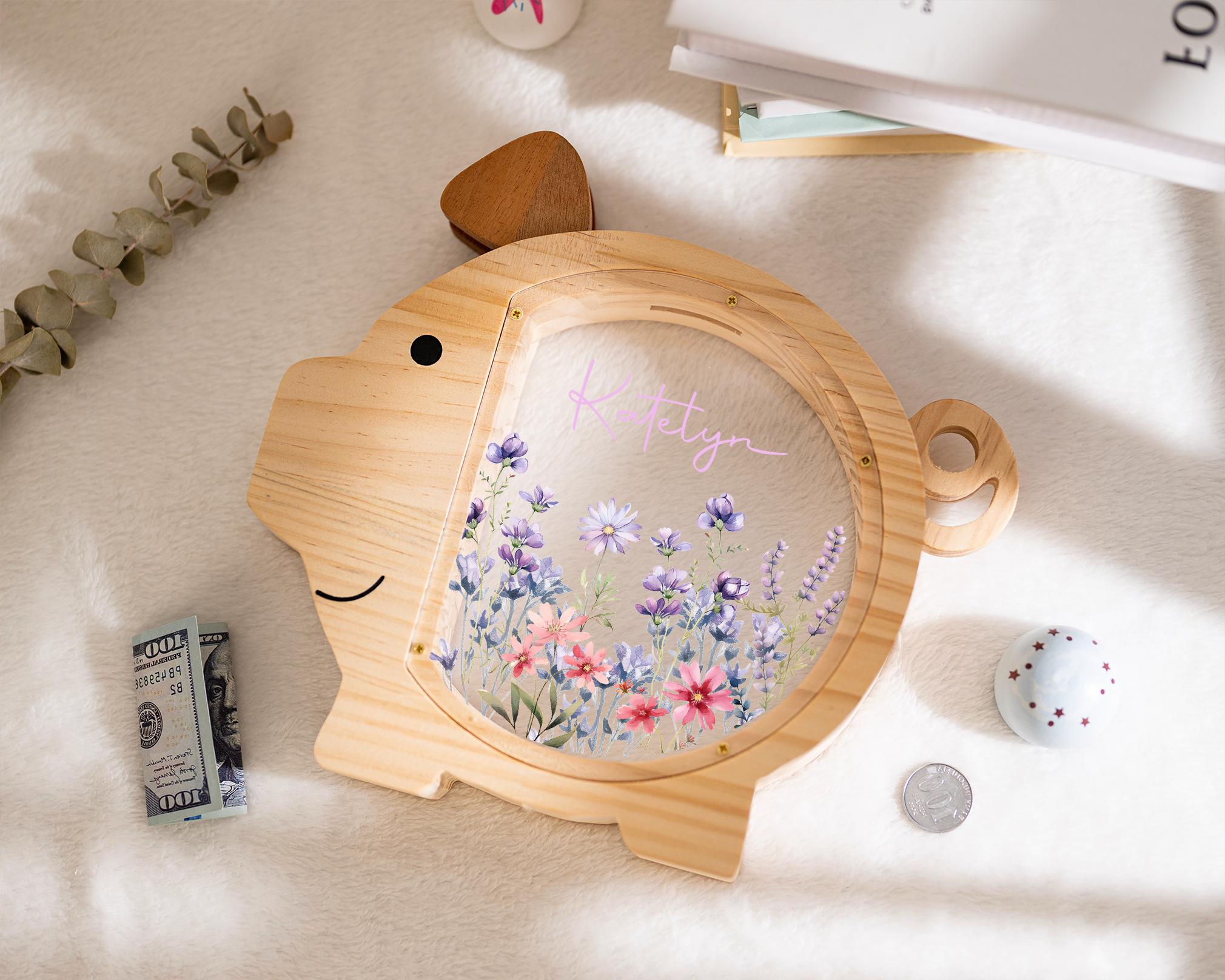 Personalized Piggy Bank, Wildflower Money Box, Kids Gift