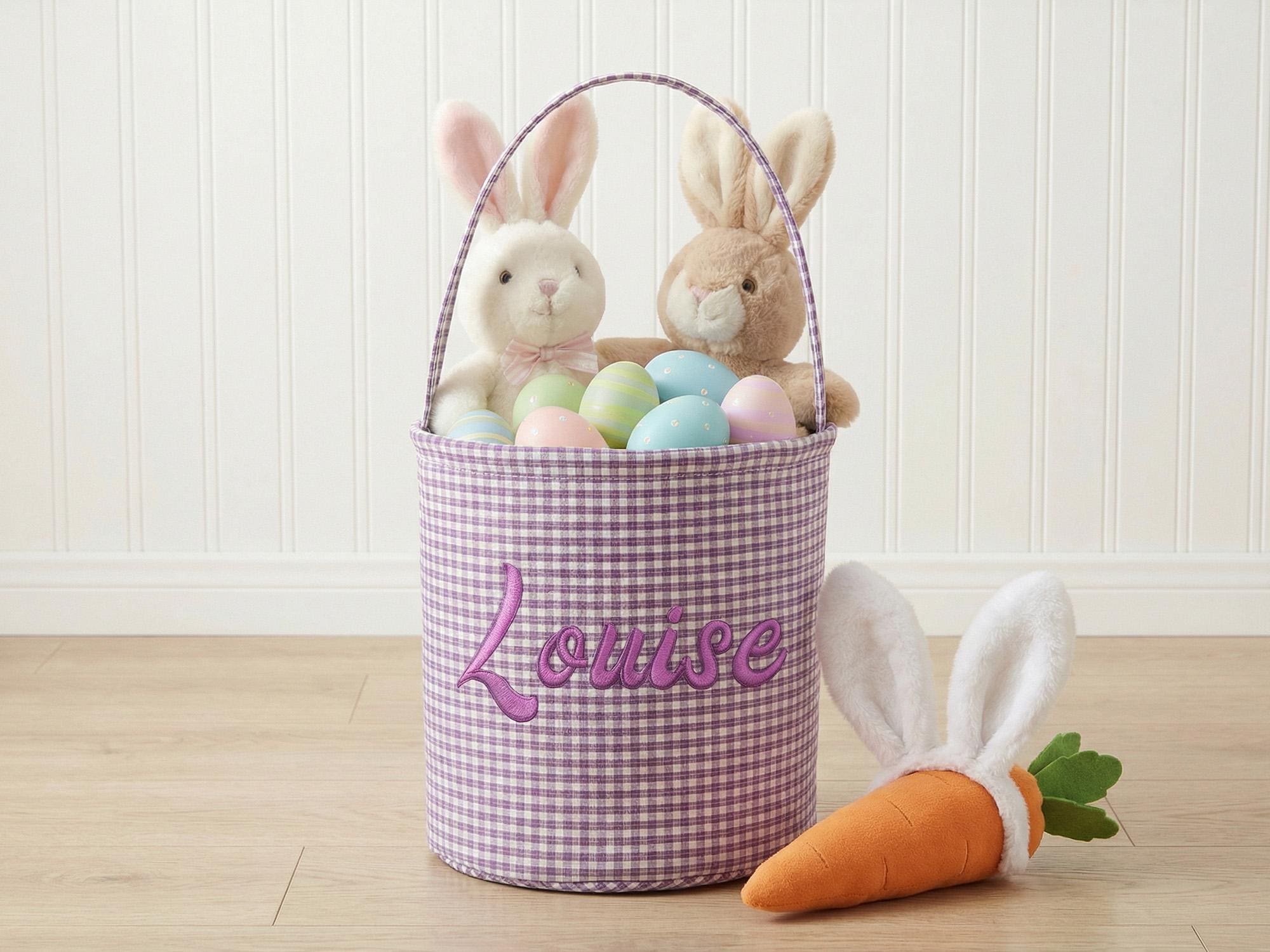 Custom Name Easter Basket – Embroidered Seersucker Kids Egg Hunt Tote