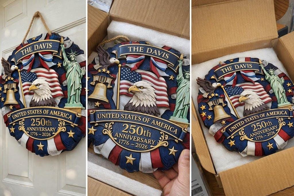 Personalized America 250th Wood Wreath, Patriotic Door Sign