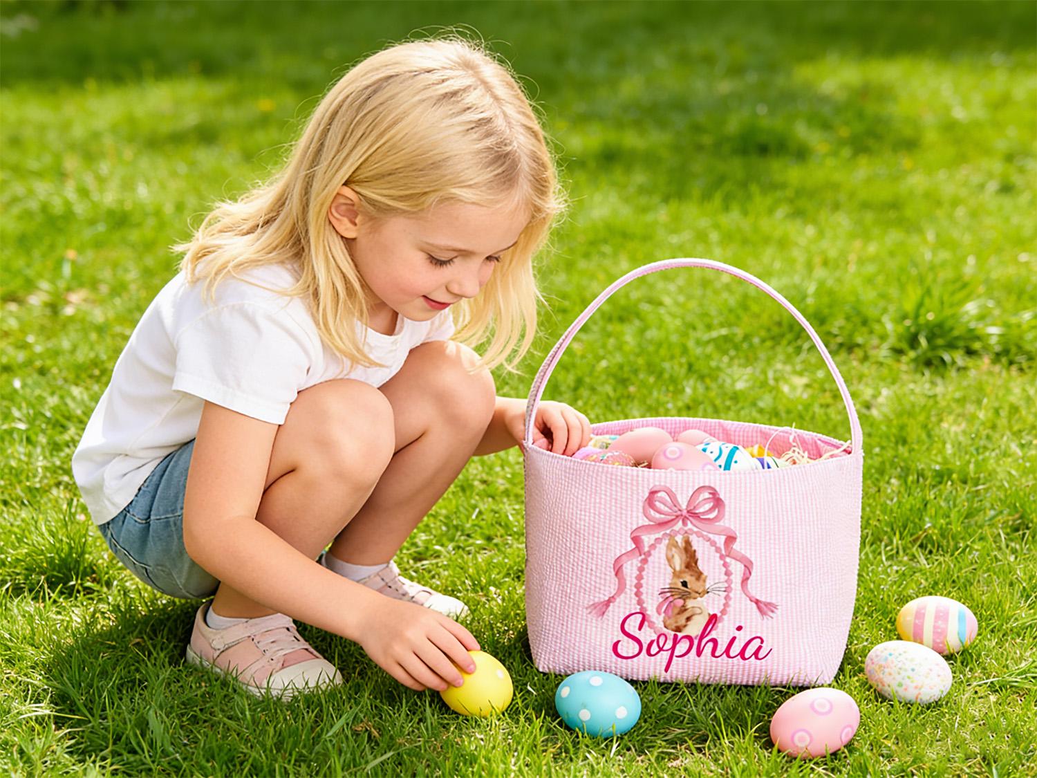 Personalized Monogrammed Seersucker Easter Basket – Custom Bunny Tote